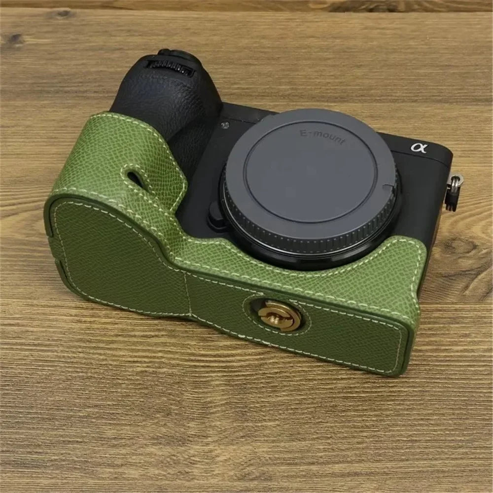 For Sony A6700 Dustproof PU Leather Camera Bottom Cover Half Body Case with Wrist Strap - Green - 6