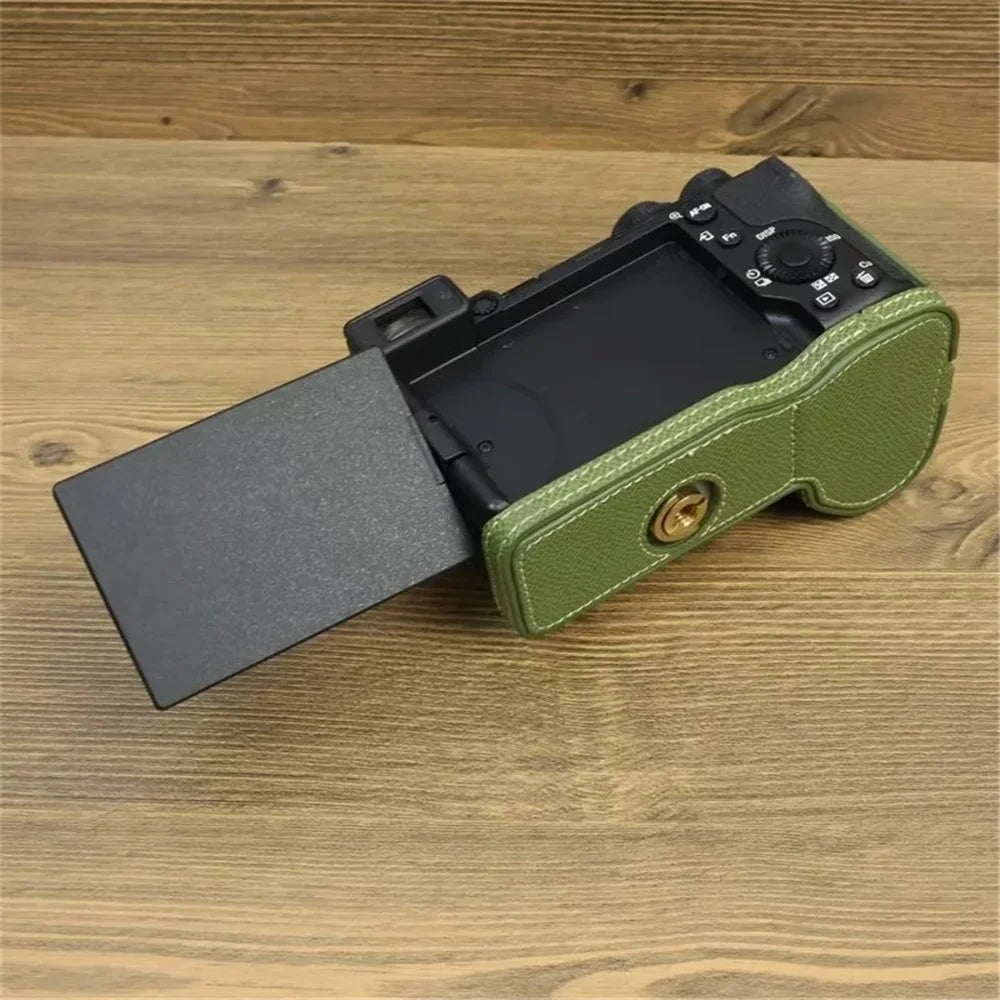 For Sony A6700 Dustproof PU Leather Camera Bottom Cover Half Body Case with Wrist Strap - Green - 7