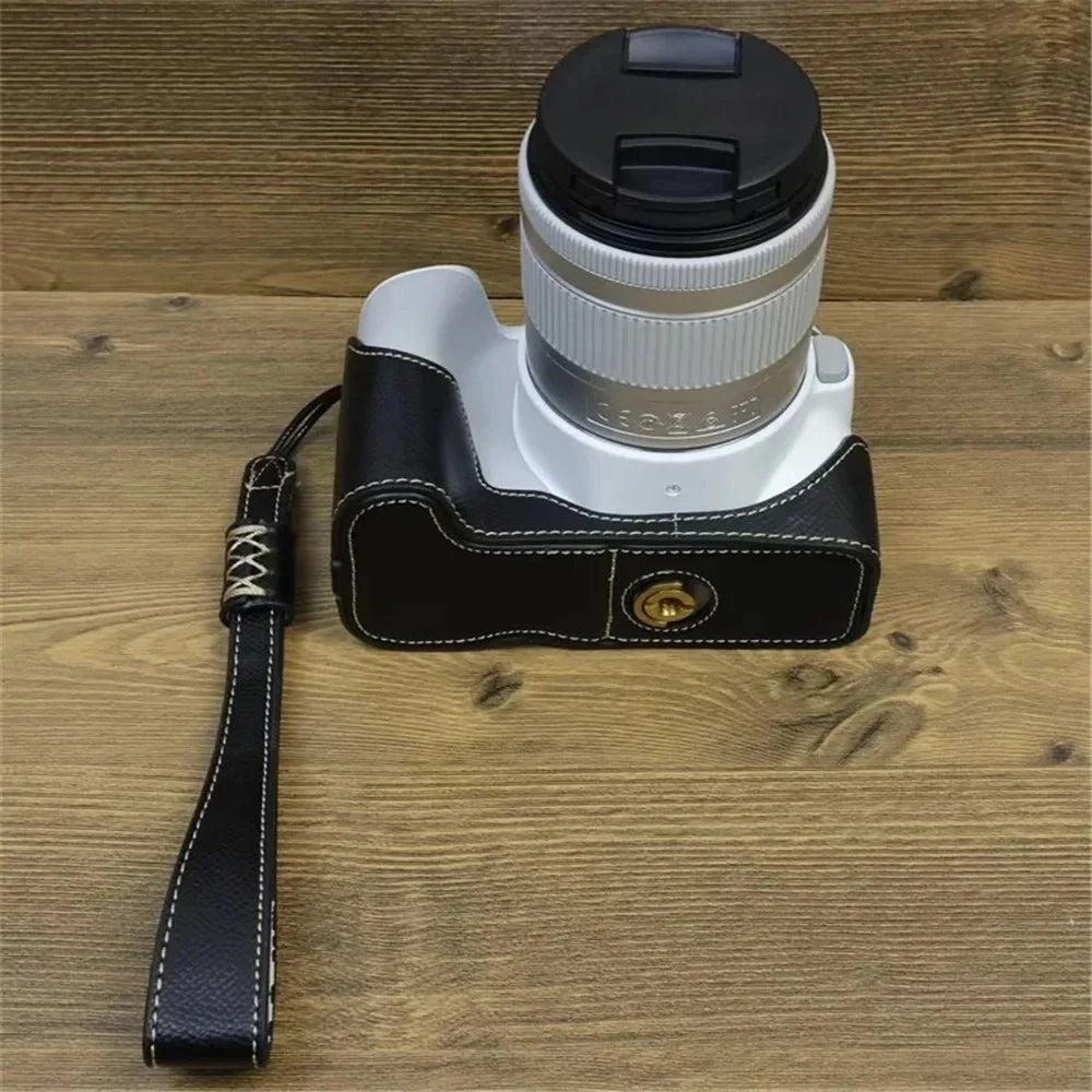 For Canon EOS 200D / 200D II PU Leather Camera Bottom Cover Screw Design Half Body Case with Strap - Black - 2