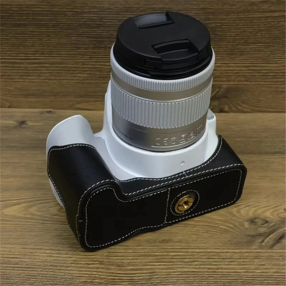 For Canon EOS 200D / 200D II PU Leather Camera Bottom Cover Screw Design Half Body Case with Strap - Black - 3