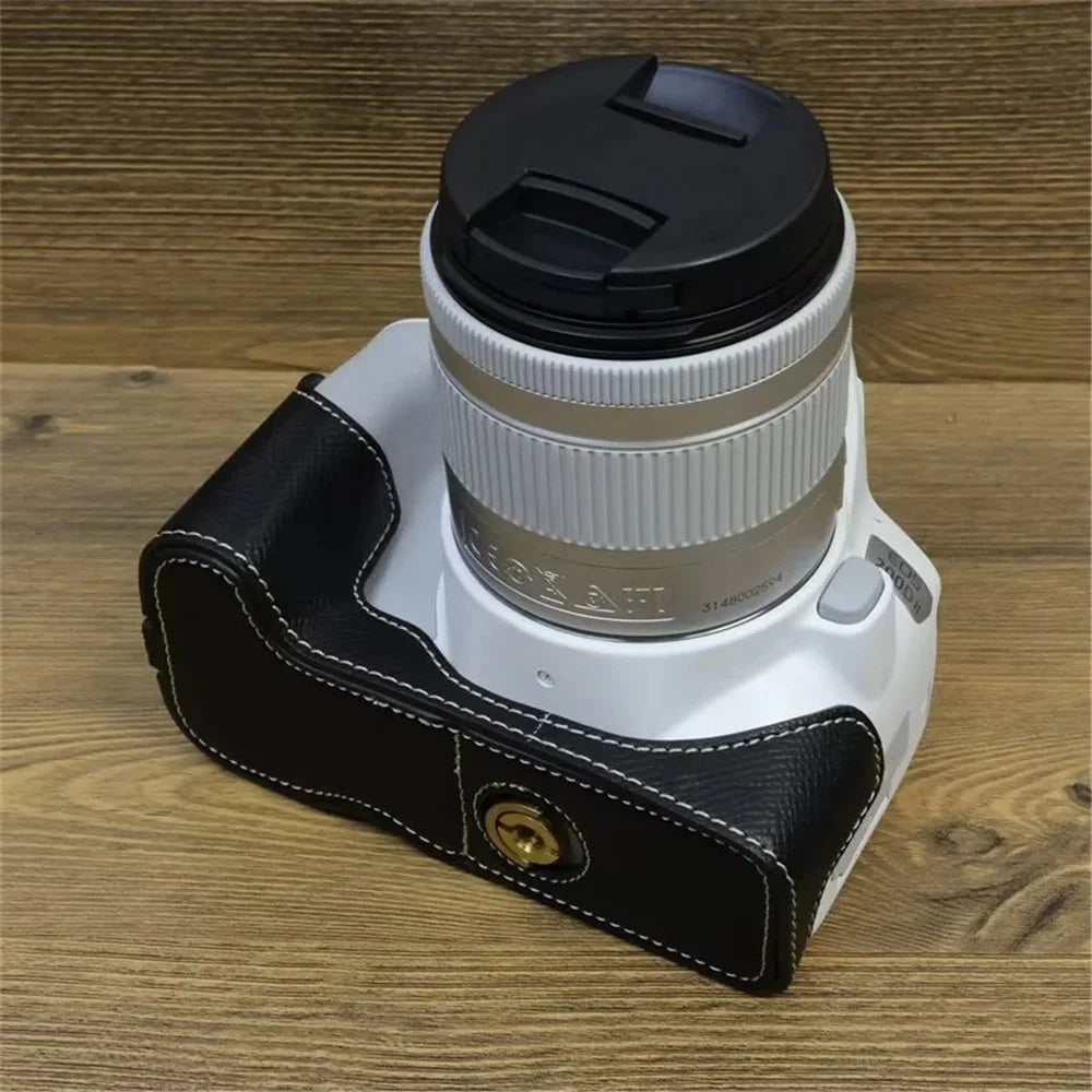 For Canon EOS 200D / 200D II PU Leather Camera Bottom Cover Screw Design Half Body Case with Strap - Black - 4