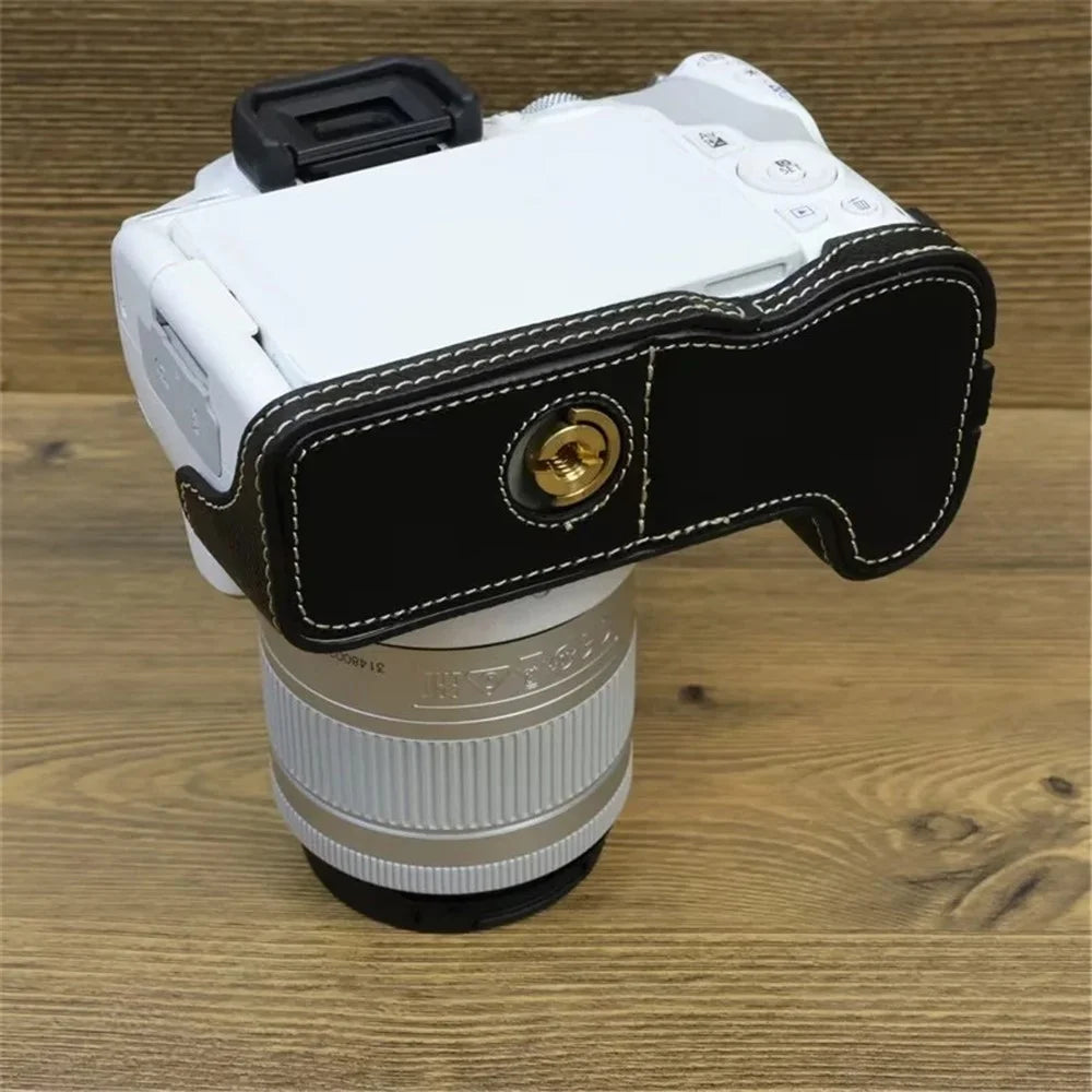 For Canon EOS 200D / 200D II PU Leather Camera Bottom Cover Screw Design Half Body Case with Strap - Black - 5