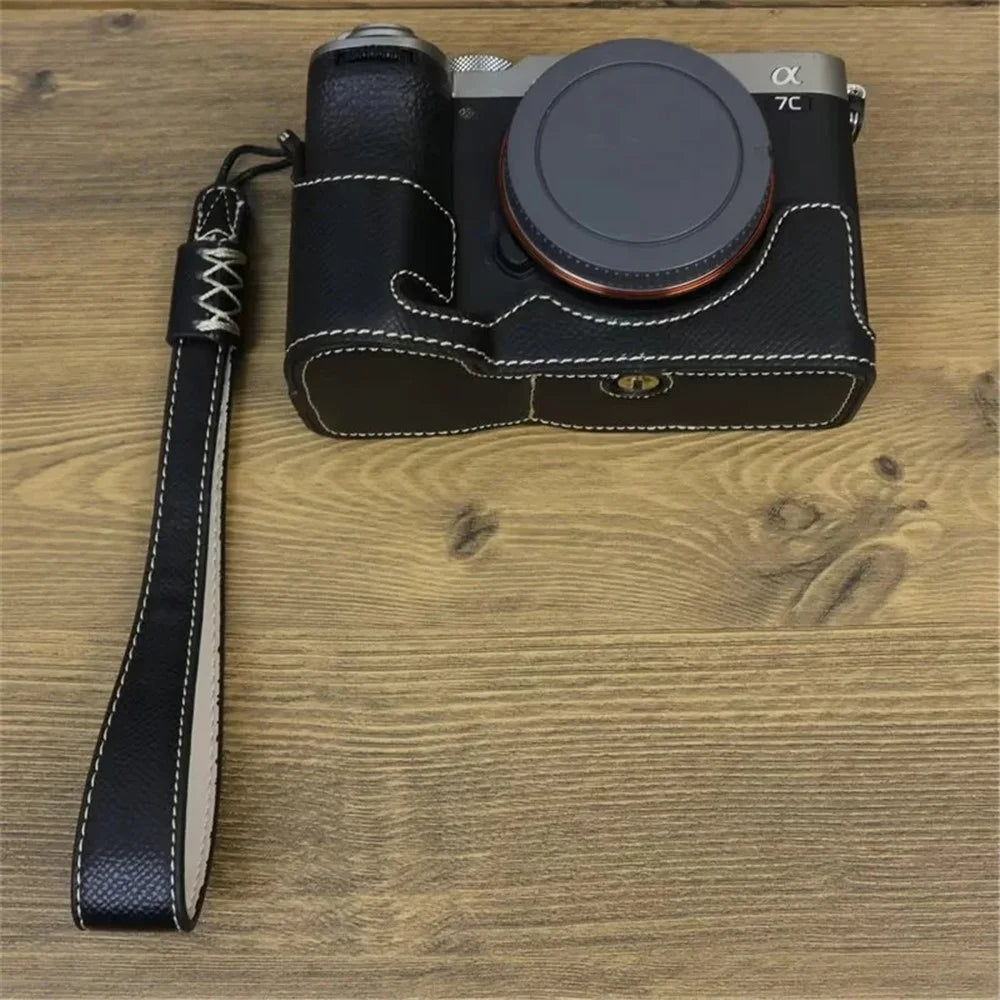 For Sony A7C II / A7CR Camera Bottom Case PU Leather Anti-Drop Half Body Cover with Wrist Strap - Black - 2