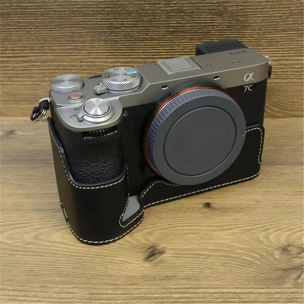 For Sony A7C II / A7CR Camera Bottom Case PU Leather Anti-Drop Half Body Cover with Wrist Strap - Black - 3