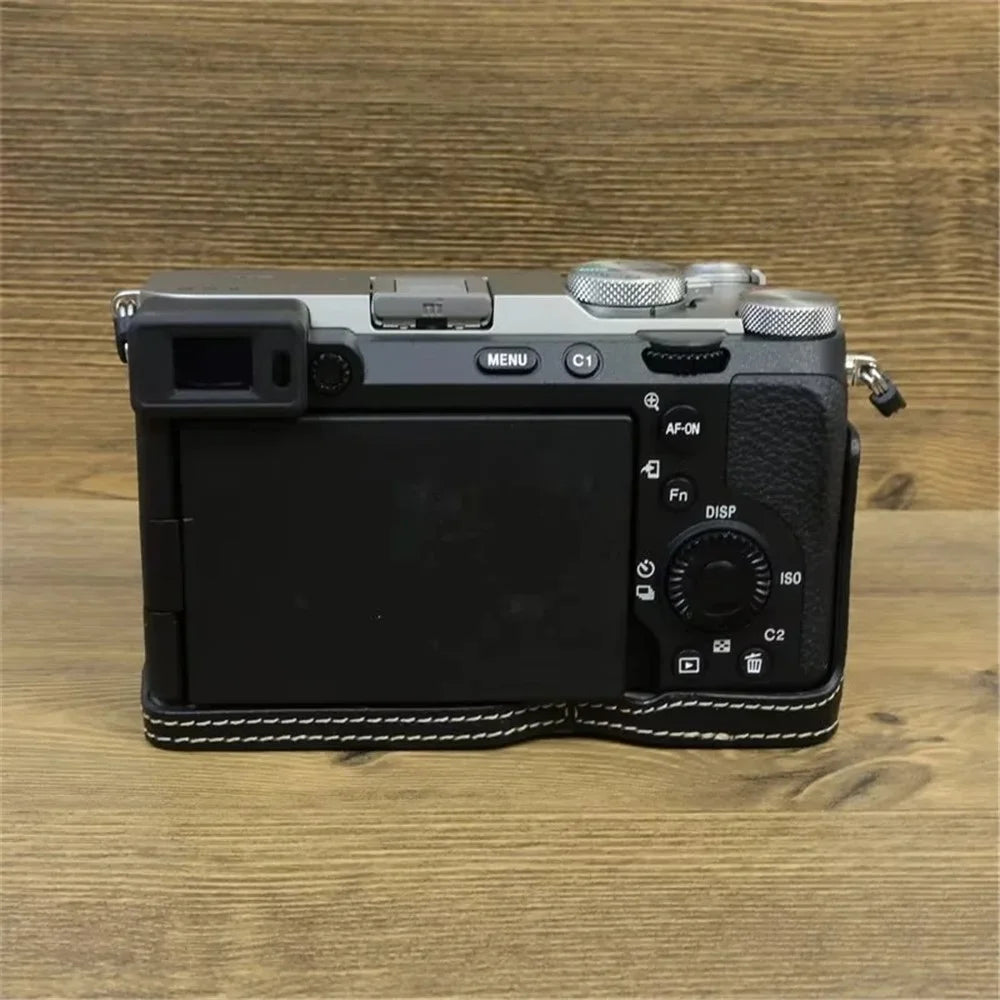For Sony A7C II / A7CR Camera Bottom Case PU Leather Anti-Drop Half Body Cover with Wrist Strap - Black - 4