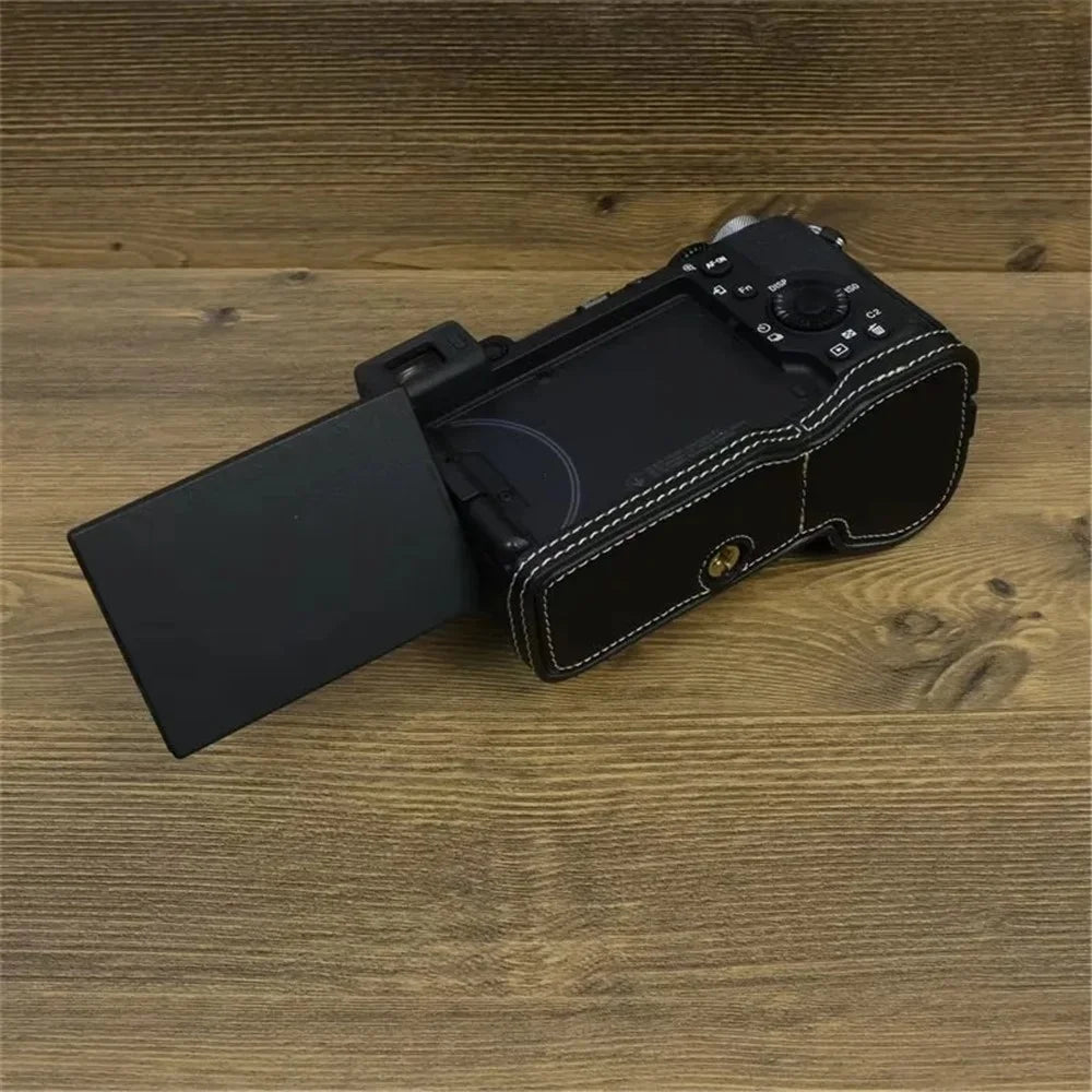 For Sony A7C II / A7CR Camera Bottom Case PU Leather Anti-Drop Half Body Cover with Wrist Strap - Black - 5