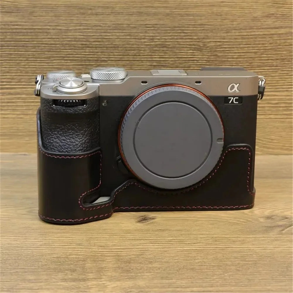 For Sony A7C II / A7CR PU Leather Camera Bottom Cover Screw Design Half Body Case Anti-Scratch Protector - Black - 2