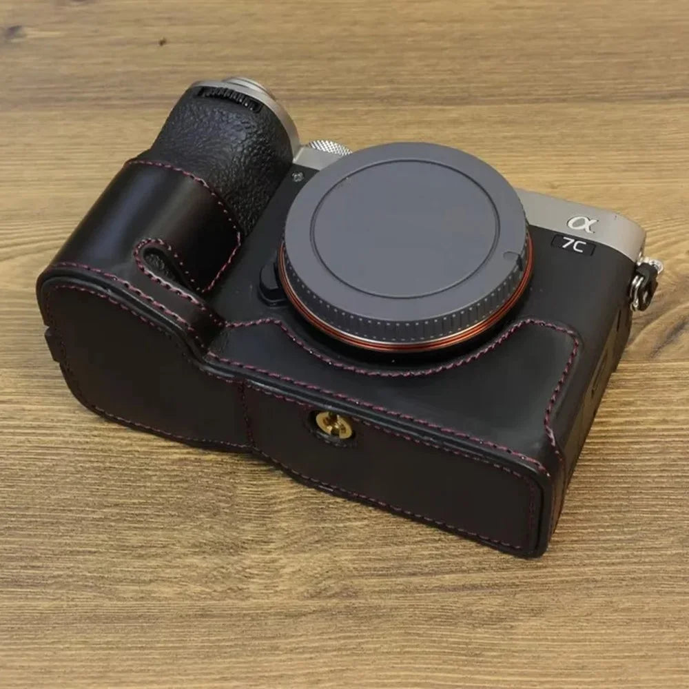 For Sony A7C II / A7CR PU Leather Camera Bottom Cover Screw Design Half Body Case Anti-Scratch Protector - Black - 4