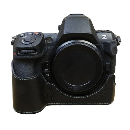 For Nikon Z8 Genuine Cow Leather Bottom Case Half Body Camera Cover with Battery Opening - Black - 1