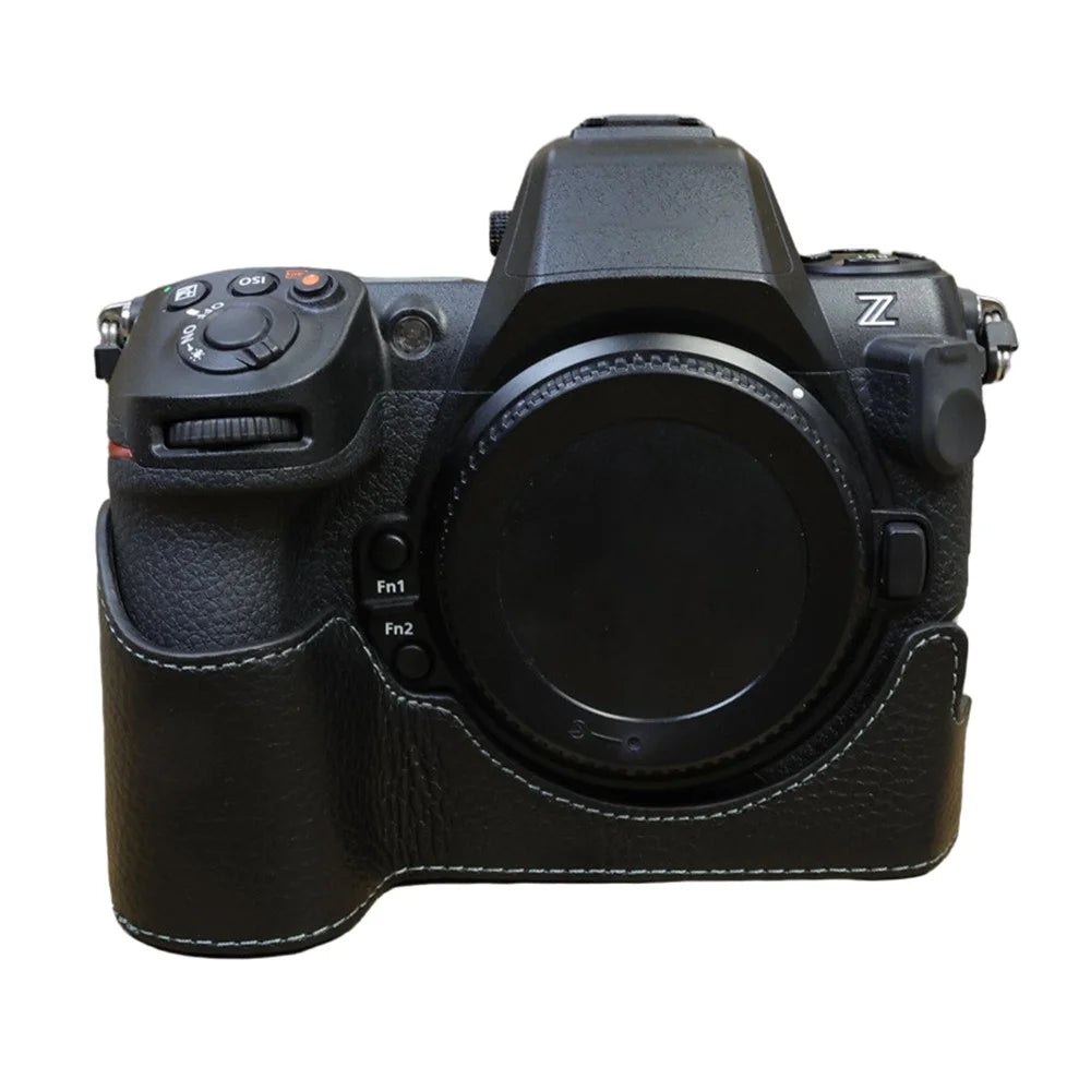 For Nikon Z8 Genuine Cow Leather Bottom Case Half Body Camera Cover with Battery Opening - Black - 1