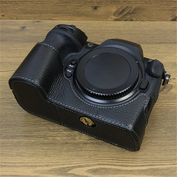 For Nikon Z8 Genuine Cow Leather Bottom Case Half Body Camera Cover with Battery Opening - Black - 2
