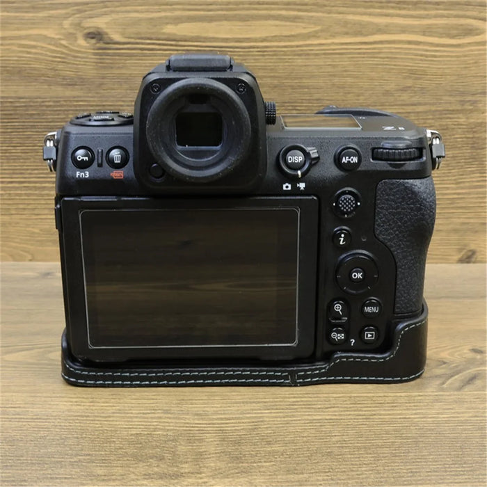 For Nikon Z8 Genuine Cow Leather Bottom Case Half Body Camera Cover with Battery Opening - Black - 3