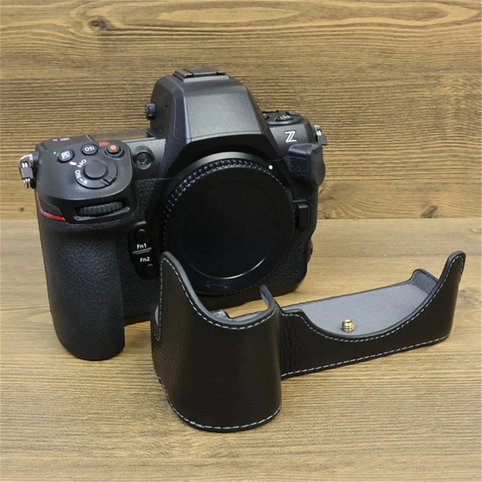 For Nikon Z8 Genuine Cow Leather Bottom Case Half Body Camera Cover with Battery Opening - Black - 5