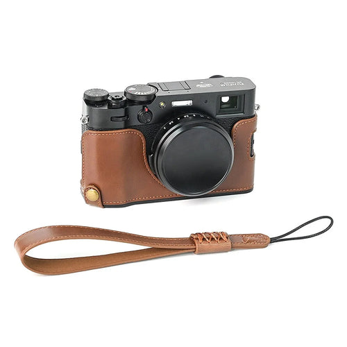 For Fuji X100V Bottom Case Battery Opening Design PU Leather Camera Half Body Cover + Wrist Strap - Coffee - 1