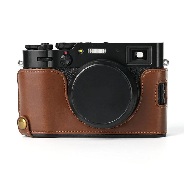 For Fuji X100V Bottom Case Battery Opening Design PU Leather Camera Half Body Cover + Wrist Strap - Coffee - 2