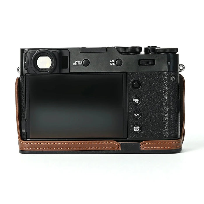 For Fuji X100V Bottom Case Battery Opening Design PU Leather Camera Half Body Cover + Wrist Strap - Coffee - 3