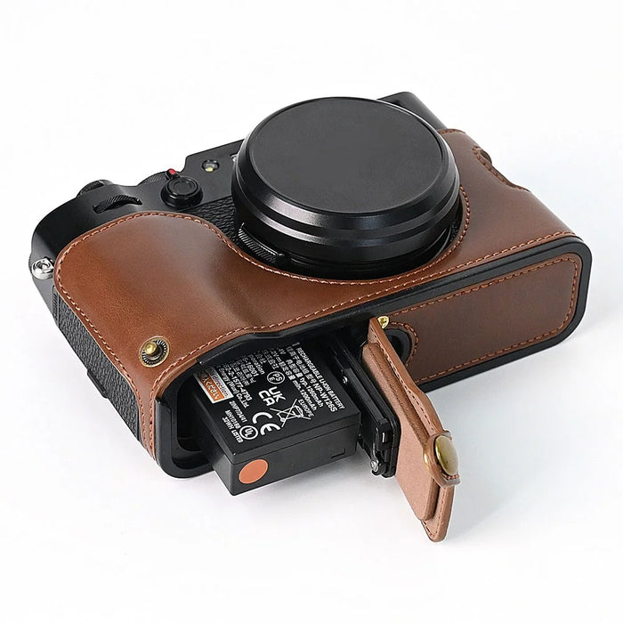 For Fuji X100V Bottom Case Battery Opening Design PU Leather Camera Half Body Cover + Wrist Strap - Coffee - 4