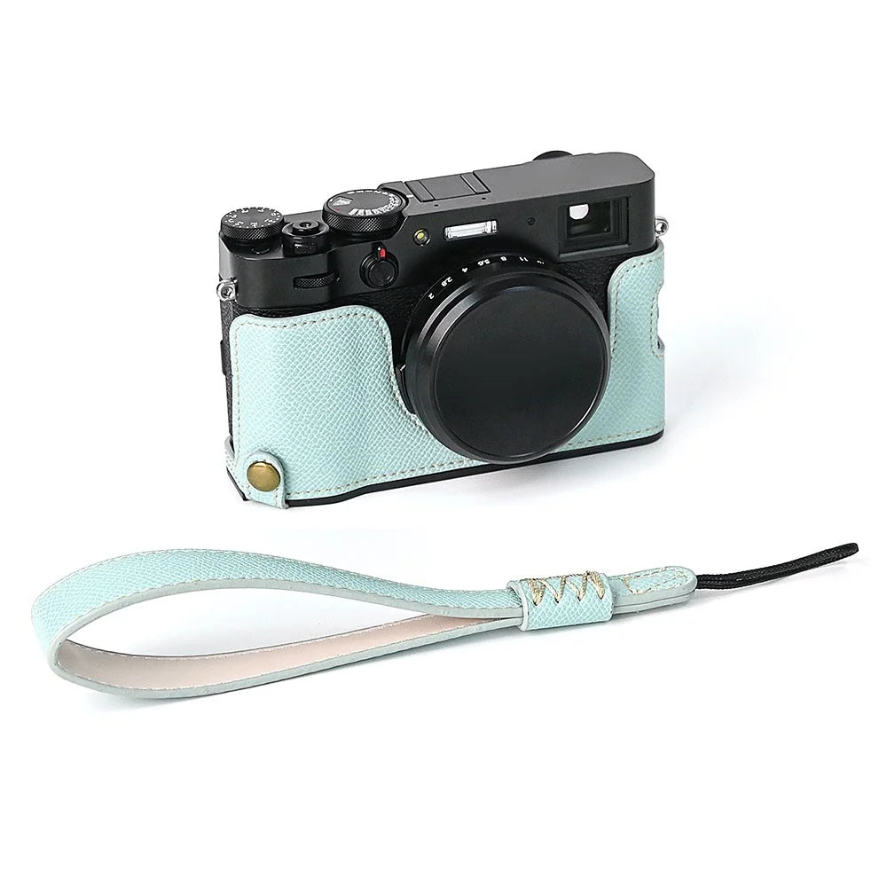 For Fuji X100V Battery Opening Design Palm Texture PU Leather Camera Case Half Body Bottom Case with Wrist Strap - Baby Blue - 1
