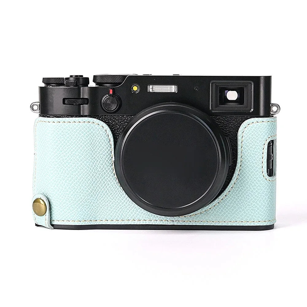 For Fuji X100V Battery Opening Design Palm Texture PU Leather Camera Case Half Body Bottom Case with Wrist Strap - Baby Blue - 2