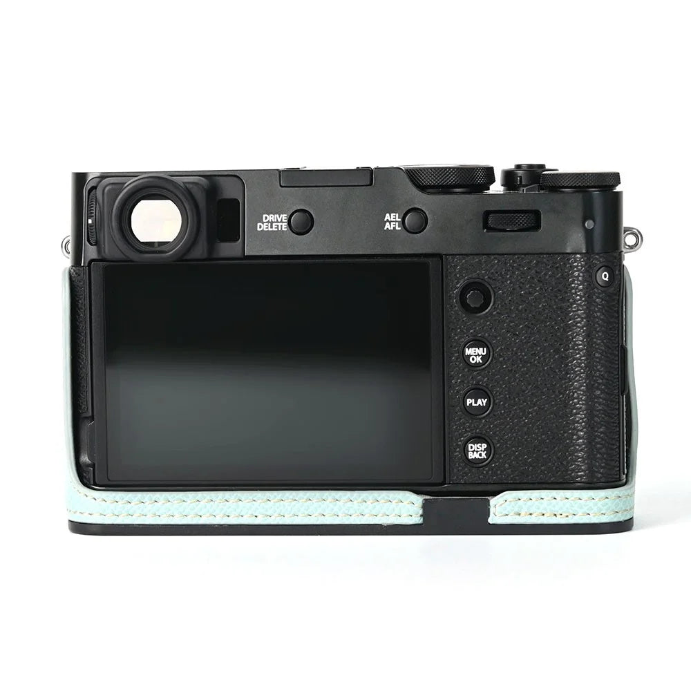For Fuji X100V Battery Opening Design Palm Texture PU Leather Camera Case Half Body Bottom Case with Wrist Strap - Baby Blue - 3