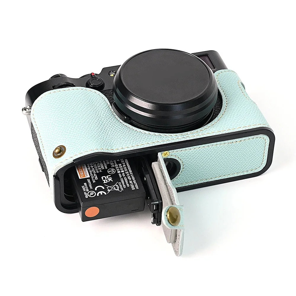 For Fuji X100V Battery Opening Design Palm Texture PU Leather Camera Case Half Body Bottom Case with Wrist Strap - Baby Blue - 4
