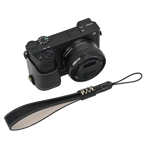Camera Case for Sony A6400 / A6300 / A6100 / A6000 Battery Opening Design Palm Texture PU Leather Half Body Bottom Case with Wrist Strap - Black - 1