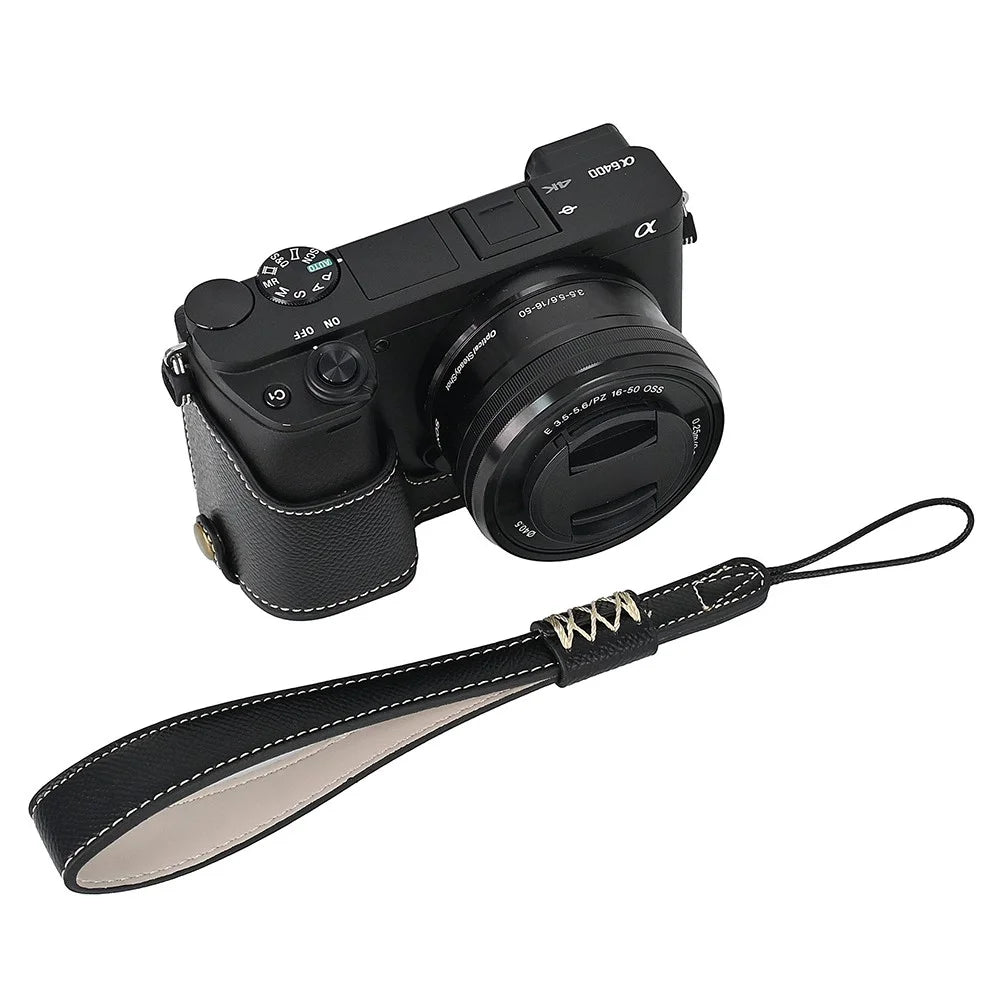 Camera Case for Sony A6400 / A6300 / A6100 / A6000 Battery Opening Design Palm Texture PU Leather Half Body Bottom Case with Wrist Strap - Black - 1