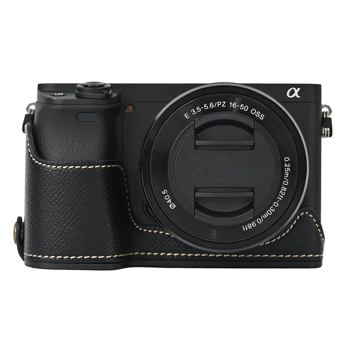 Camera Case for Sony A6400 / A6300 / A6100 / A6000 Battery Opening Design Palm Texture PU Leather Half Body Bottom Case with Wrist Strap - Black - 2