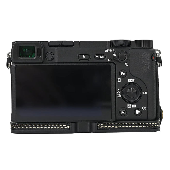 Camera Case for Sony A6400 / A6300 / A6100 / A6000 Battery Opening Design Palm Texture PU Leather Half Body Bottom Case with Wrist Strap - Black - 3