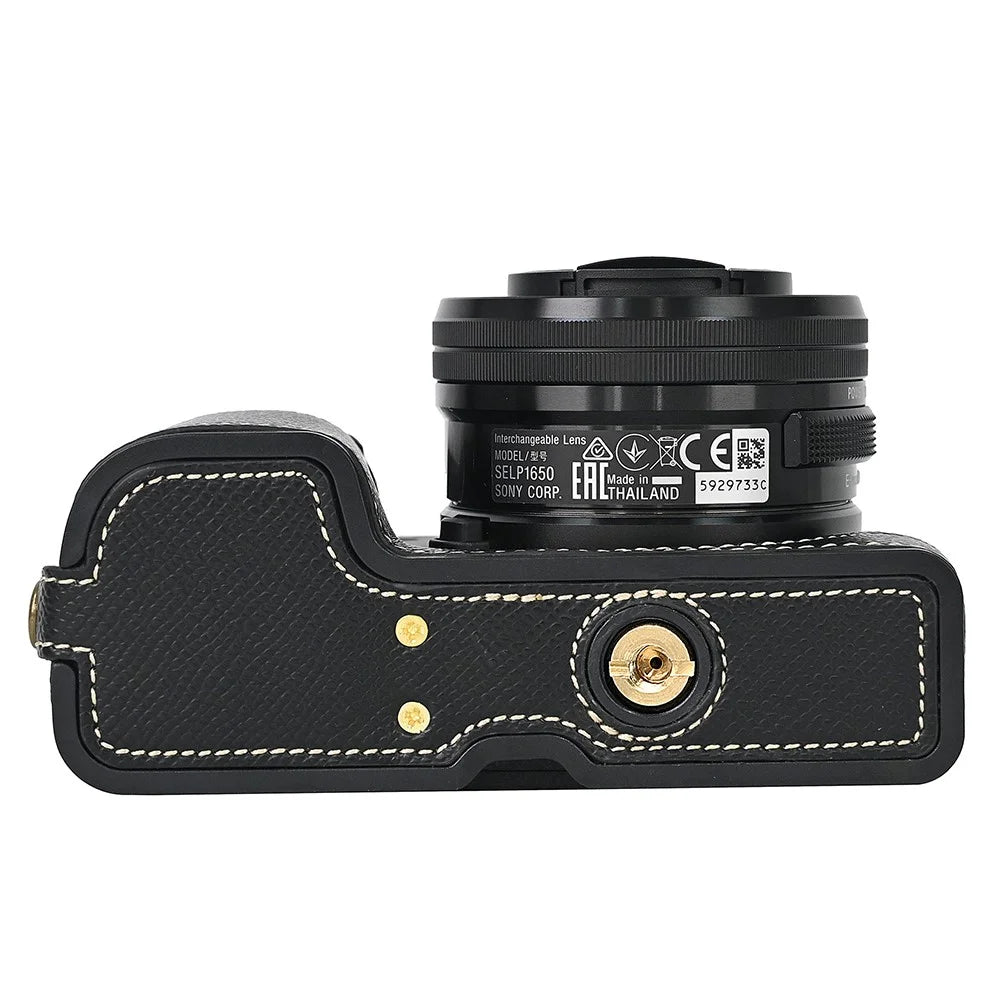 Camera Case for Sony A6400 / A6300 / A6100 / A6000 Battery Opening Design Palm Texture PU Leather Half Body Bottom Case with Wrist Strap - Black - 4