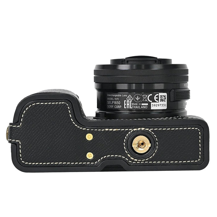 Camera Case for Sony A6400 / A6300 / A6100 / A6000 Battery Opening Design Palm Texture PU Leather Half Body Bottom Case with Wrist Strap - Black - 4