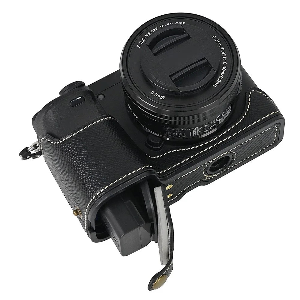 Camera Case for Sony A6400 / A6300 / A6100 / A6000 Battery Opening Design Palm Texture PU Leather Half Body Bottom Case with Wrist Strap - Black - 5