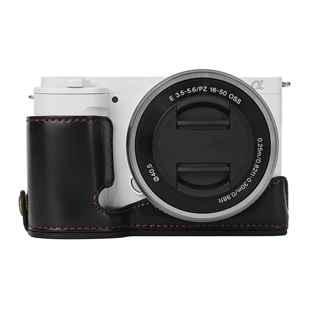 For Sony ZV-E10 Battery Opening Design PU Leather Camera Cover Half Body Bottom Case with Wrist Strap - Black - 2