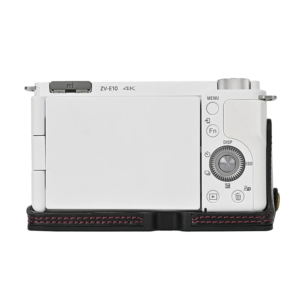 For Sony ZV-E10 Battery Opening Design PU Leather Camera Cover Half Body Bottom Case with Wrist Strap - Black - 3