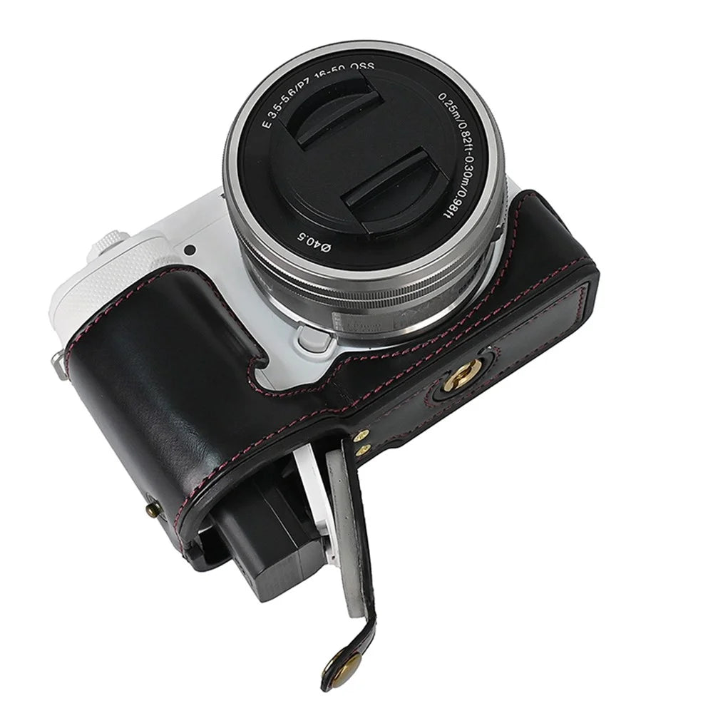 For Sony ZV-E10 Battery Opening Design PU Leather Camera Cover Half Body Bottom Case with Wrist Strap - Black - 4