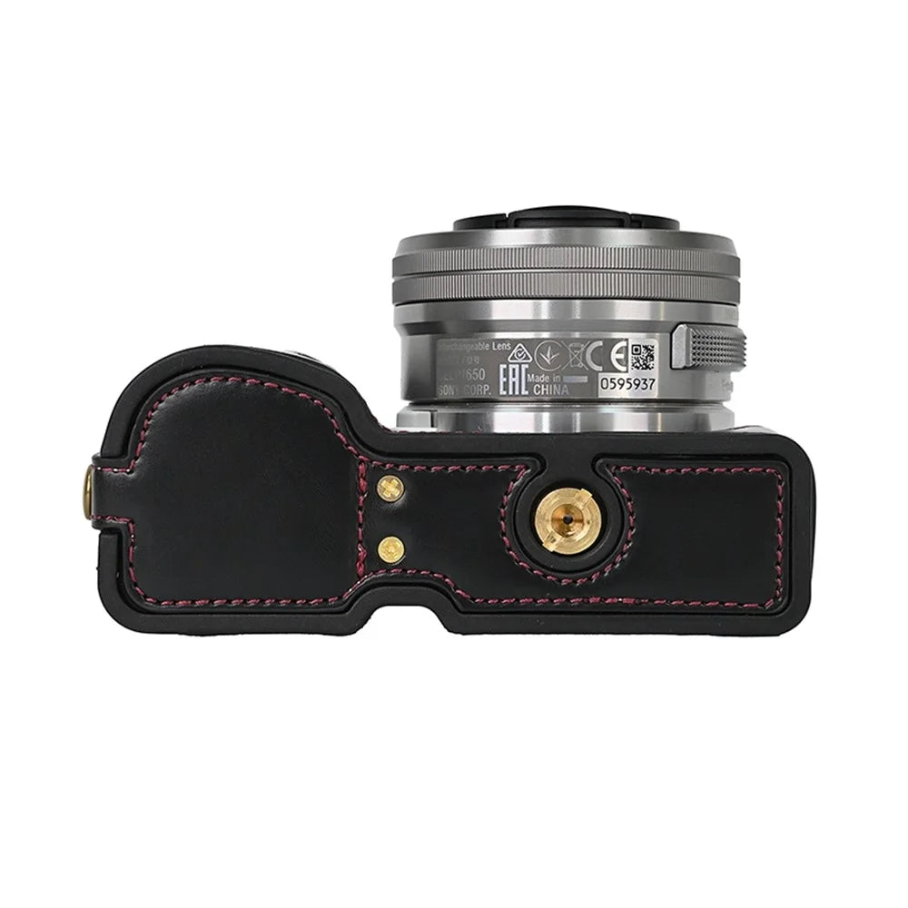 For Sony ZV-E10 Battery Opening Design PU Leather Camera Cover Half Body Bottom Case with Wrist Strap - Black - 5