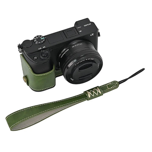 Camera Cover for Sony A6400 / A6300 / A6100 / A6000 Battery Opening Design PU Leather Half Body Bottom Case with Wrist Strap - Green - 1
