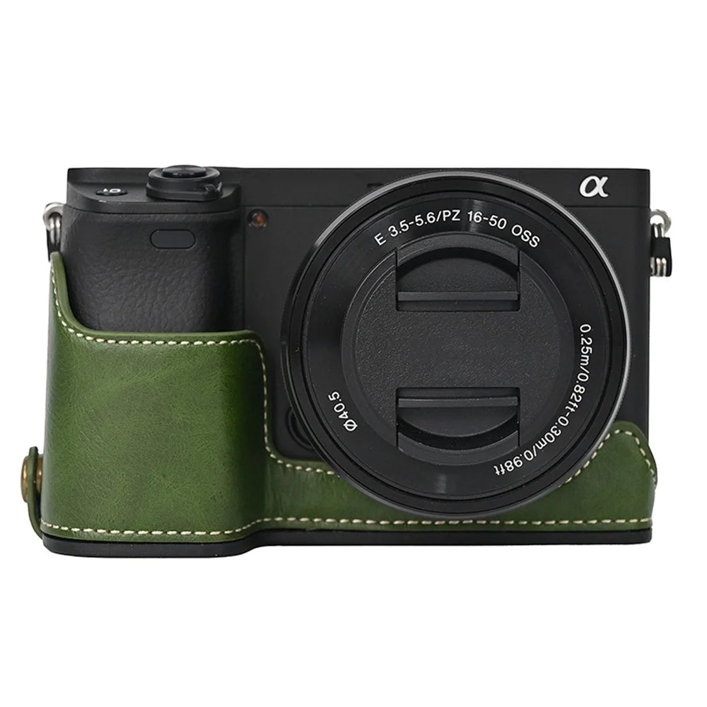 Camera Cover for Sony A6400 / A6300 / A6100 / A6000 Battery Opening Design PU Leather Half Body Bottom Case with Wrist Strap - Green - 2