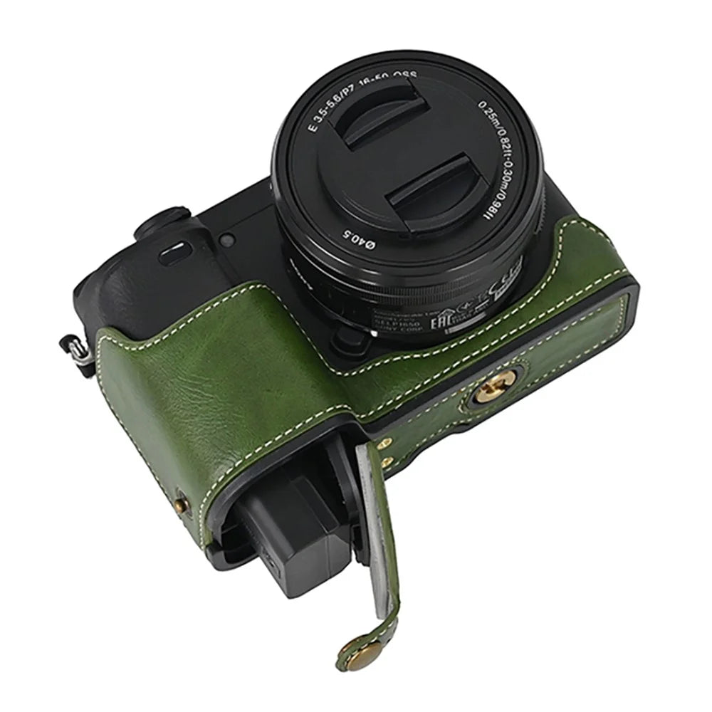 Camera Cover for Sony A6400 / A6300 / A6100 / A6000 Battery Opening Design PU Leather Half Body Bottom Case with Wrist Strap - Green - 4