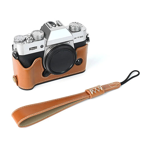 For Fuji XT10 / XT20 / XT30 / XT30 II Leather Camera Case Bottom Half-Body Camera Protective Cover with Strap - Brown - 1