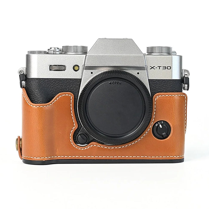 For Fuji XT10 / XT20 / XT30 / XT30 II Leather Camera Case Bottom Half-Body Camera Protective Cover with Strap - Brown - 2