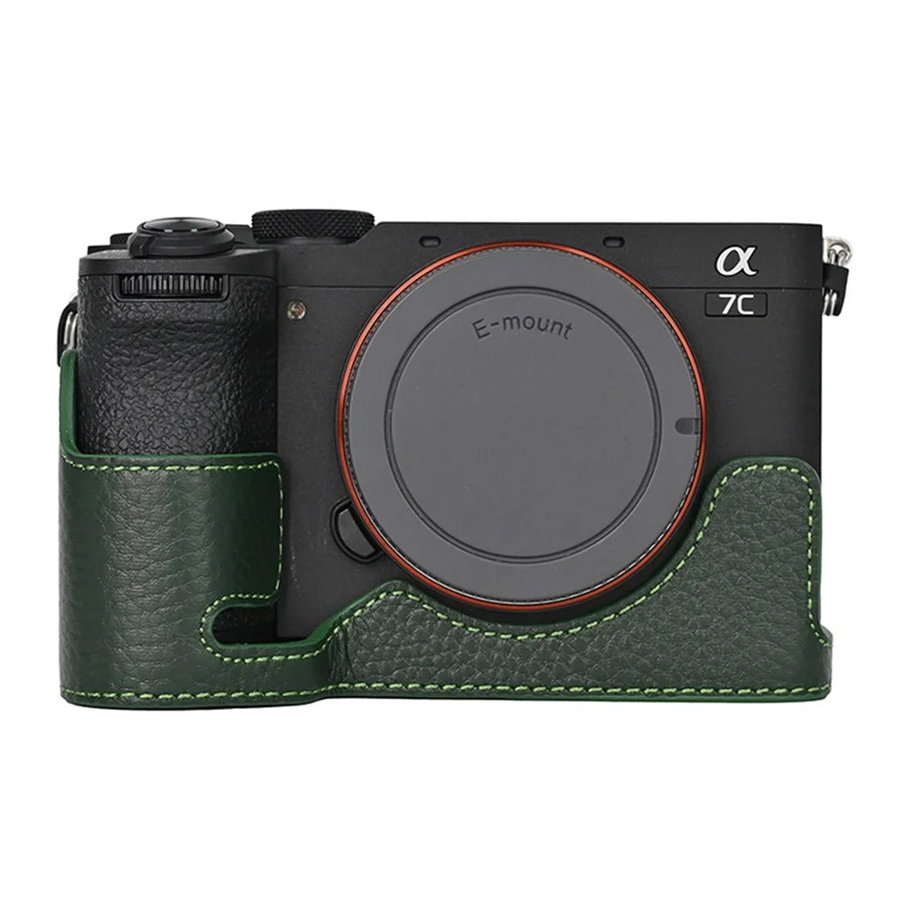 For Sony A7C II / A7CR Genuine Cow Leather Bottom Case Half Camera Cover with Battery Opening - Green - 1