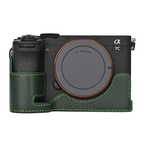 For Sony A7C II / A7CR Genuine Cow Leather Bottom Case Half Camera Cover with Battery Opening - Green - 1