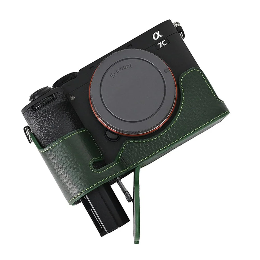 For Sony A7C II / A7CR Genuine Cow Leather Bottom Case Half Camera Cover with Battery Opening - Green - 4