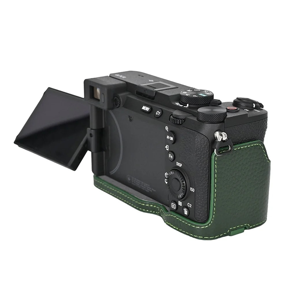 For Sony A7C II / A7CR Genuine Cow Leather Bottom Case Half Camera Cover with Battery Opening - Green - 7