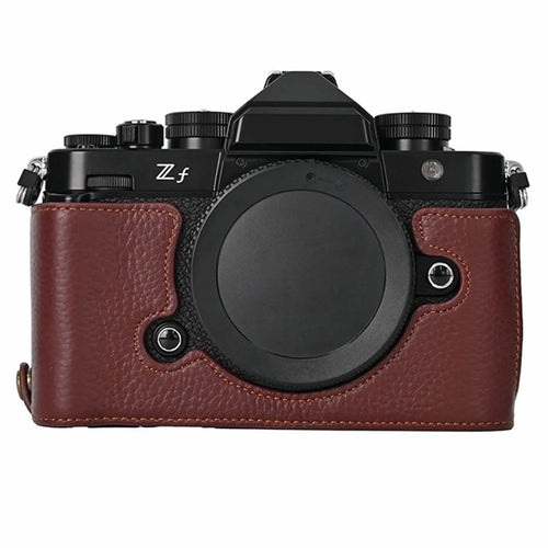 For Nikon Z f Genuine Cow Leather Bottom Case Half Camera Cover with Battery Opening - Coffee - 1
