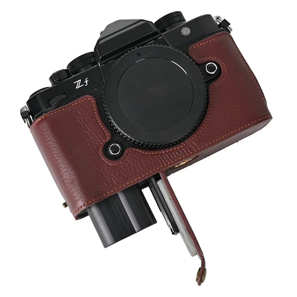 For Nikon Z f Genuine Cow Leather Bottom Case Half Camera Cover with Battery Opening - Coffee - 4