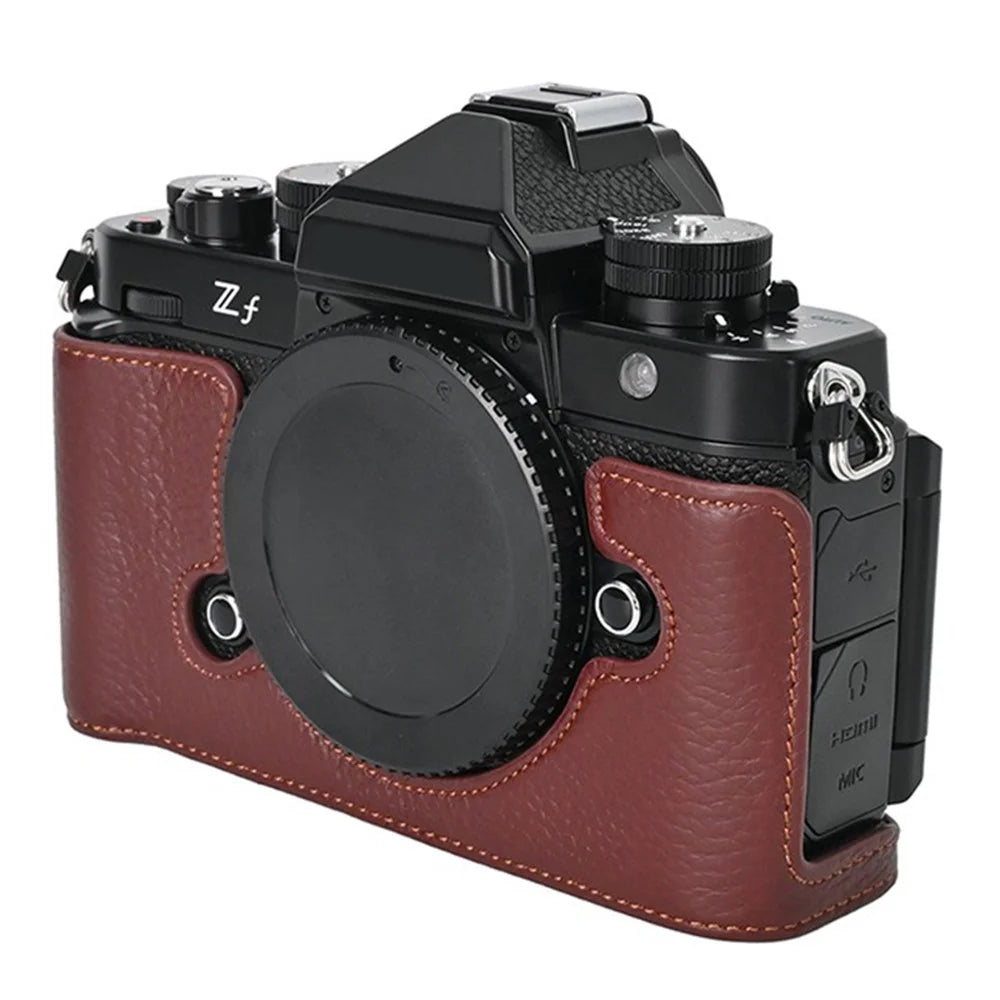 For Nikon Z f Genuine Cow Leather Bottom Case Half Camera Cover with Battery Opening - Coffee - 5