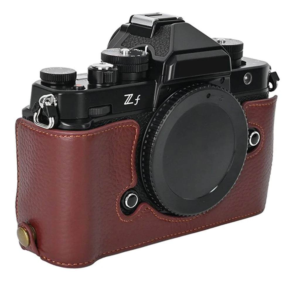 For Nikon Z f Genuine Cow Leather Bottom Case Half Camera Cover with Battery Opening - Coffee - 6