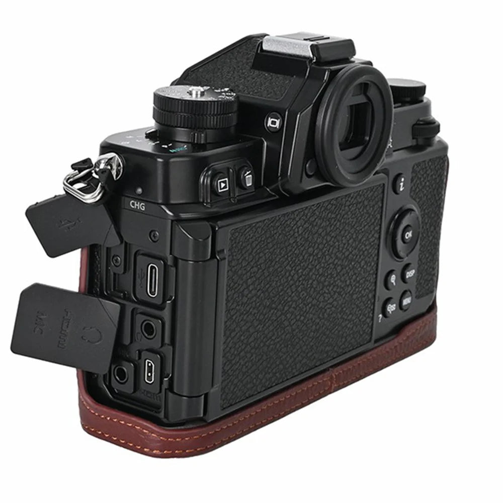 For Nikon Z f Genuine Cow Leather Bottom Case Half Camera Cover with Battery Opening - Coffee - 7